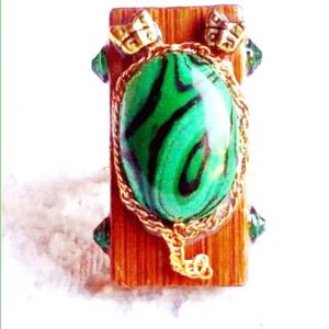 Bague "Forêt Sacrée" (Bambou, Métal et Pierre Malachite) - réf : B 065
