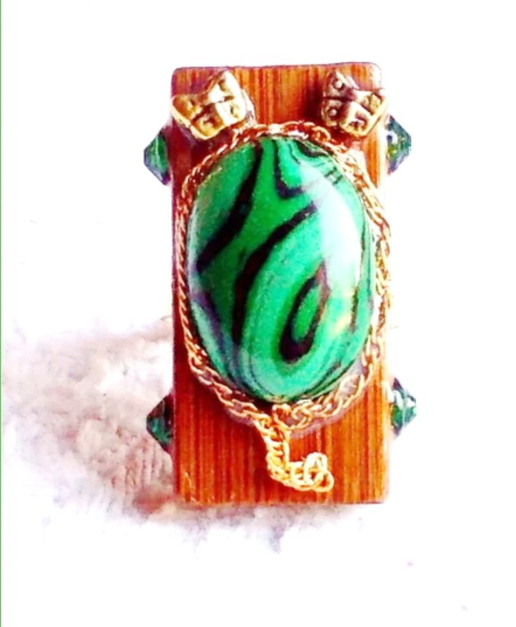 Bague "Forêt Sacrée" (Bambou, Métal et Pierre Malachite) - réf : B 065