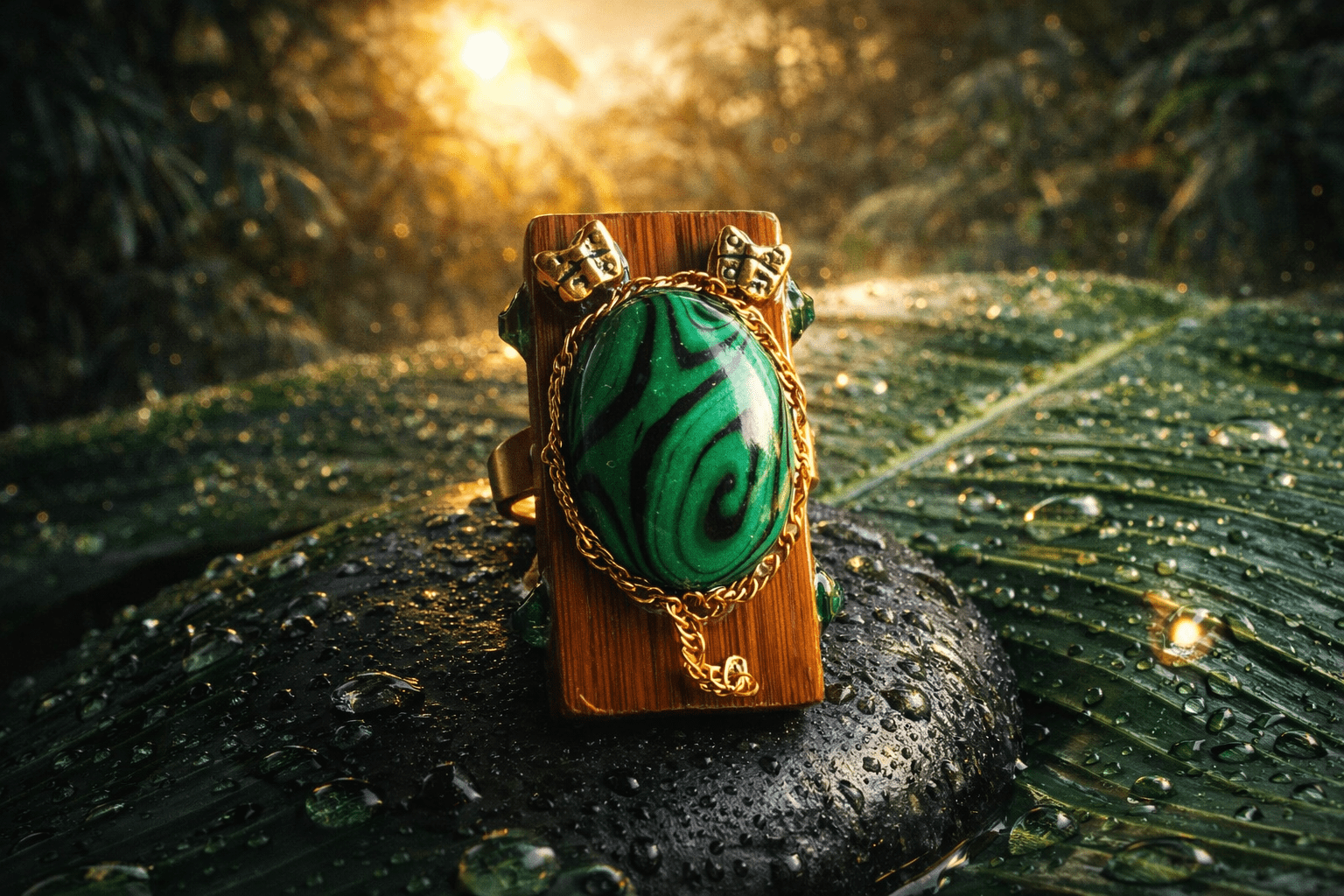 Bague "Forêt Sacrée" (Bambou, Métal et Pierre Malachite) - réf : B 065 – Image 4