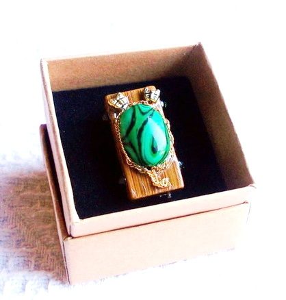 Bague "Forêt Sacrée" (Bambou, Métal et Pierre Malachite) - réf : B 065 – Image 2